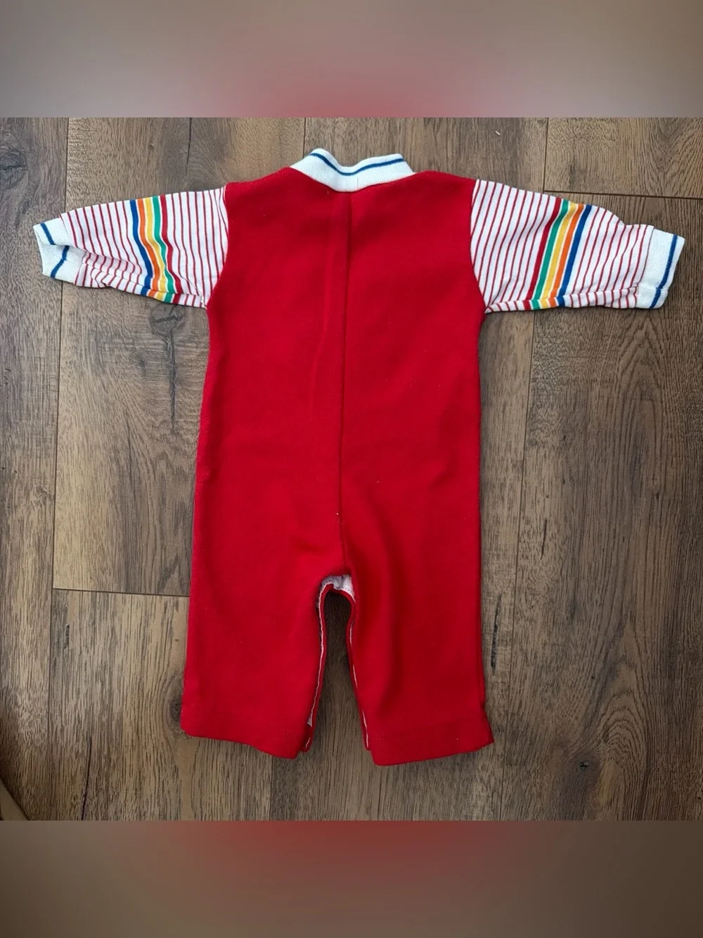 Vintage Health-tex red Baby One-Piece with Striped Sleeves and embroidered train
